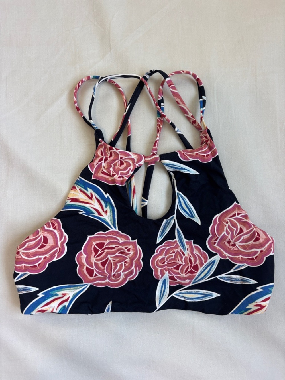 Roxy Floral High-Neck Bikini Top in Navy, Pink, White